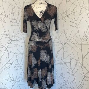BCBGMAXAZRIA Faux Wrap Dress Womens S Black Floral Excellent 3/4 Sleeve Midi